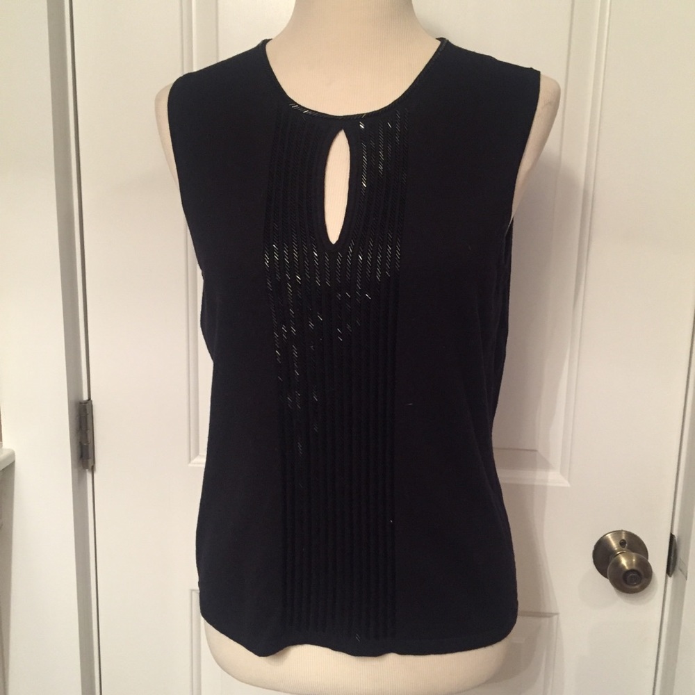 NEW CITY SILK KNIT TOP TANK SWEATER BLACK SLEEVELESS BEADED KEYHOLE Size L